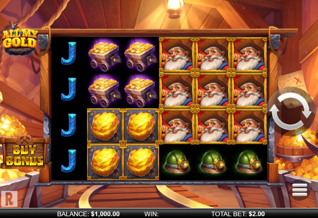 The main game grid of the All My Gold slot, showcasing the mining theme and reel layout before a spin.
