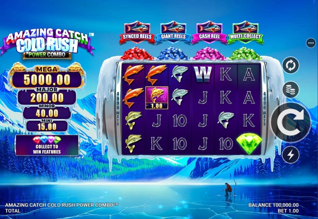 The 6x4 main game grid of Amazing Catch Cold Rush Power Combo, showing the frozen lake theme and 4 jackpot values.