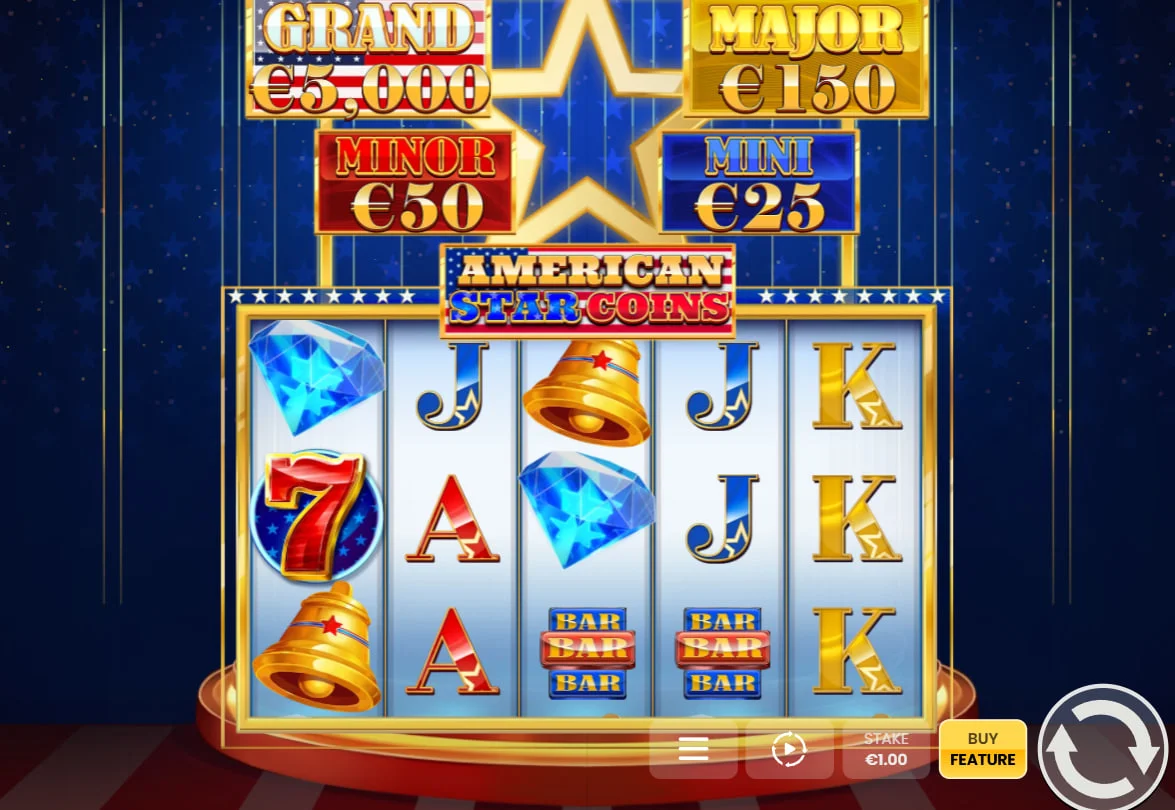 American Star Coins main 5x3 reel set with patriotic symbols and four fixed jackpot displays above the grid for player tracking.