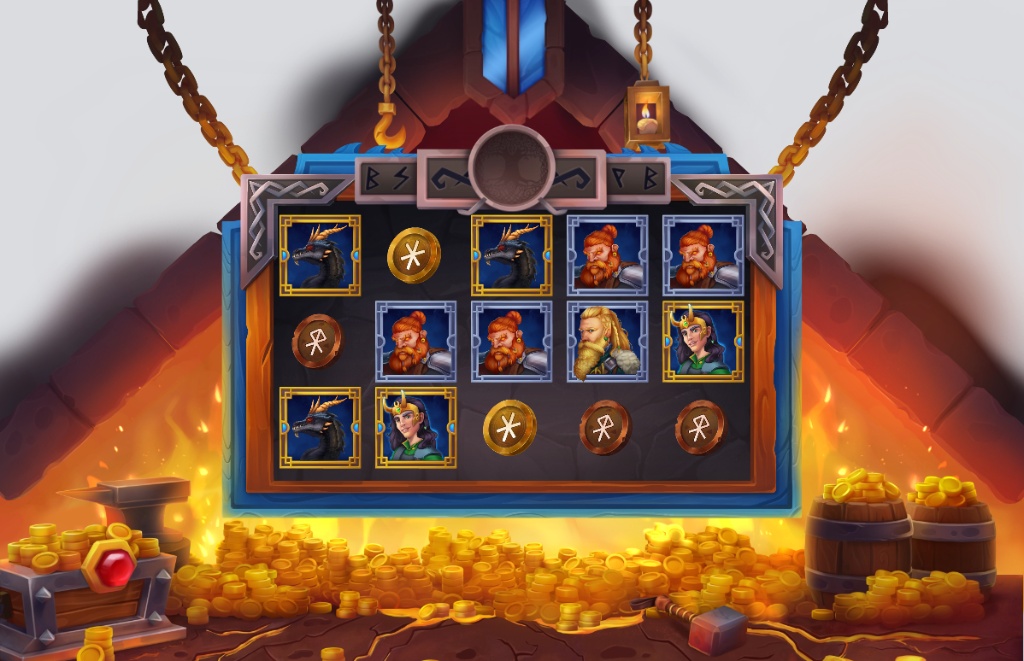 A view of the Andvari's Ring slot machine's 5x4 grid, showcasing the main character and dragon symbols in the dwarven forge setting.