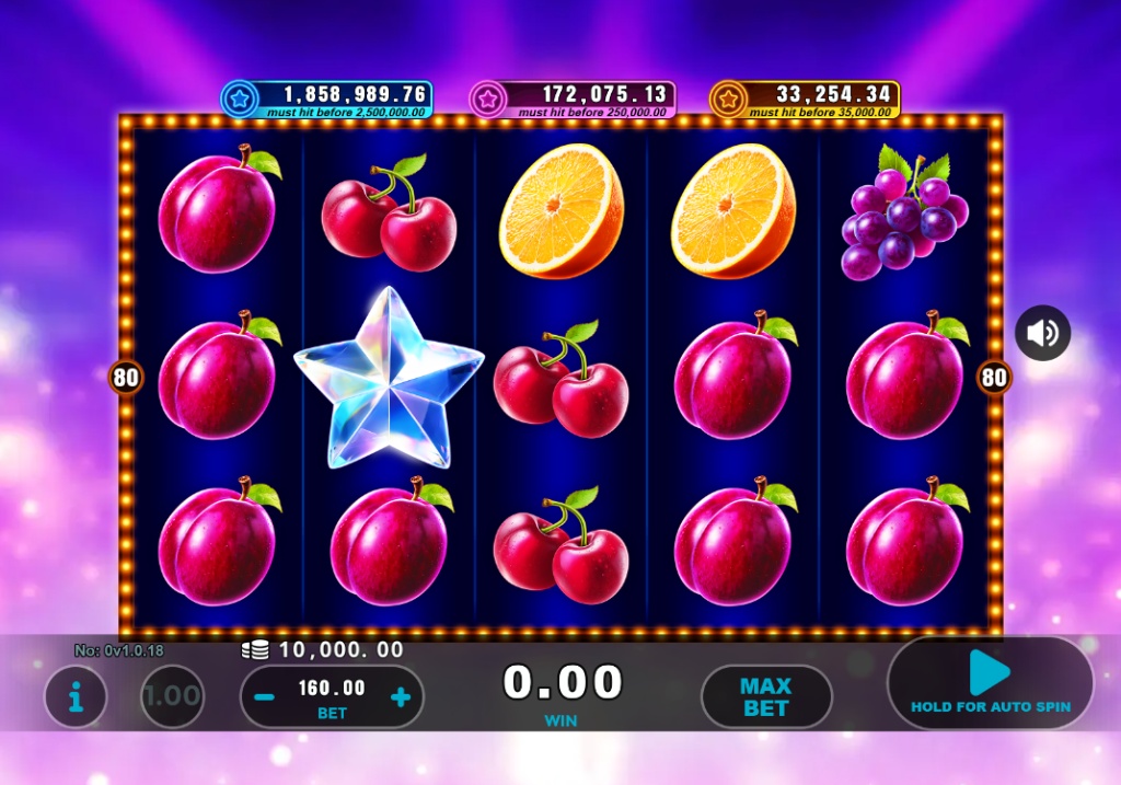 The 5x4 reel layout of the Ravin' Hot 80 - Clover Burst slot, displaying classic fruit symbols and the user interface.