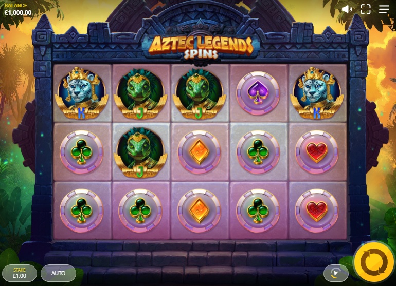 The 5x3 reel layout of the Aztec Legends Spins slot, showing the main game screen with Aztec-themed symbols.