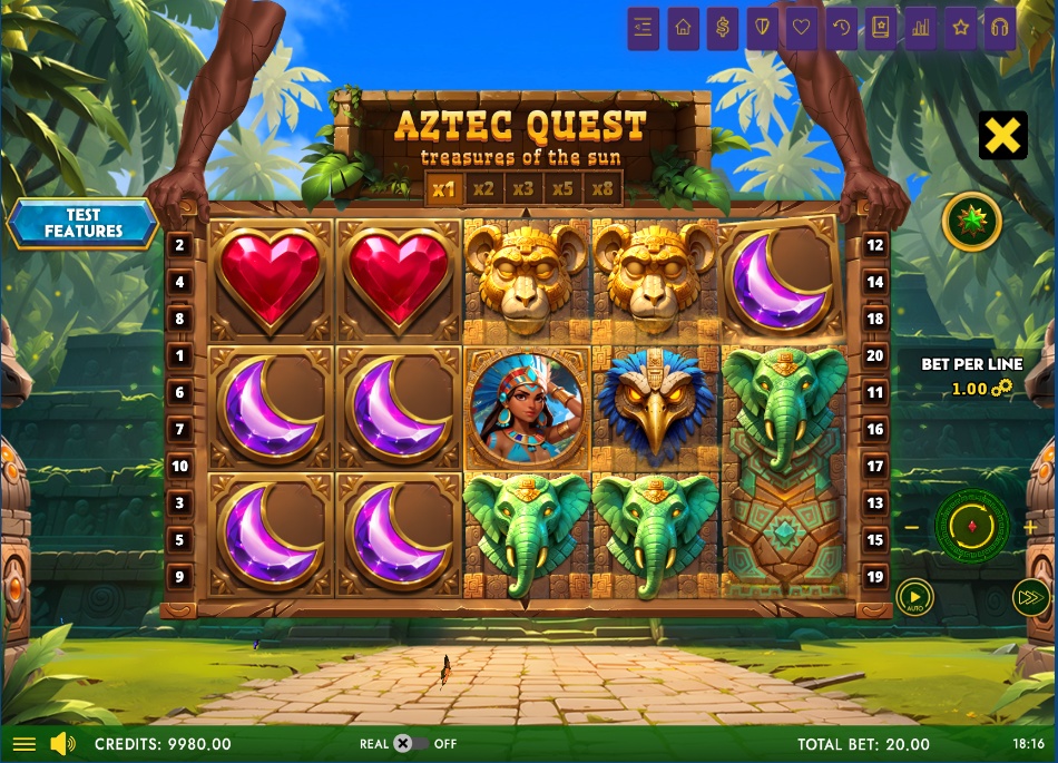 The 5x3 reel grid of the Aztec Quest: Treasures of the Sun slot demo, showing the multiplier grid above.