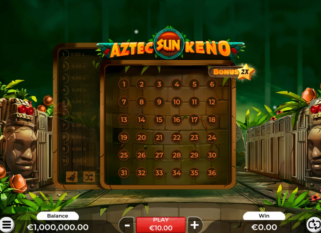 The main game board of Aztec Sun Keno demo, showing the 36-number grid.