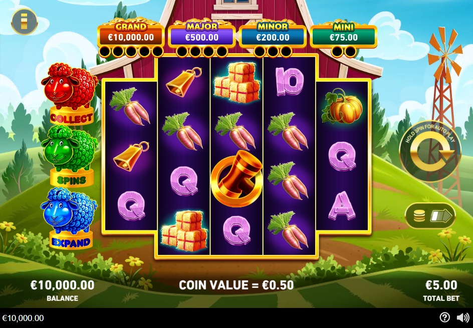 Baa, Baa, Baa slot base game view showing the 5x3 reel grid and the three Sheep Banks on the left.