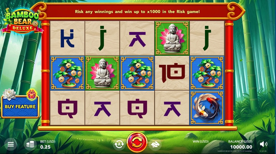 A view of the main 5x3 reel layout in the Bamboo Bear Deluxe slot demo, set against a tranquil bamboo forest background.