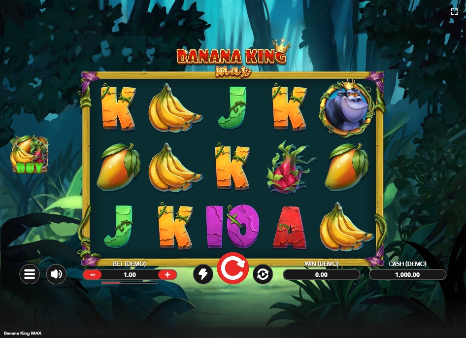 The main 5x3 reel layout of the Banana King MAX slot, showing the jungle theme and various fruit and card symbols.