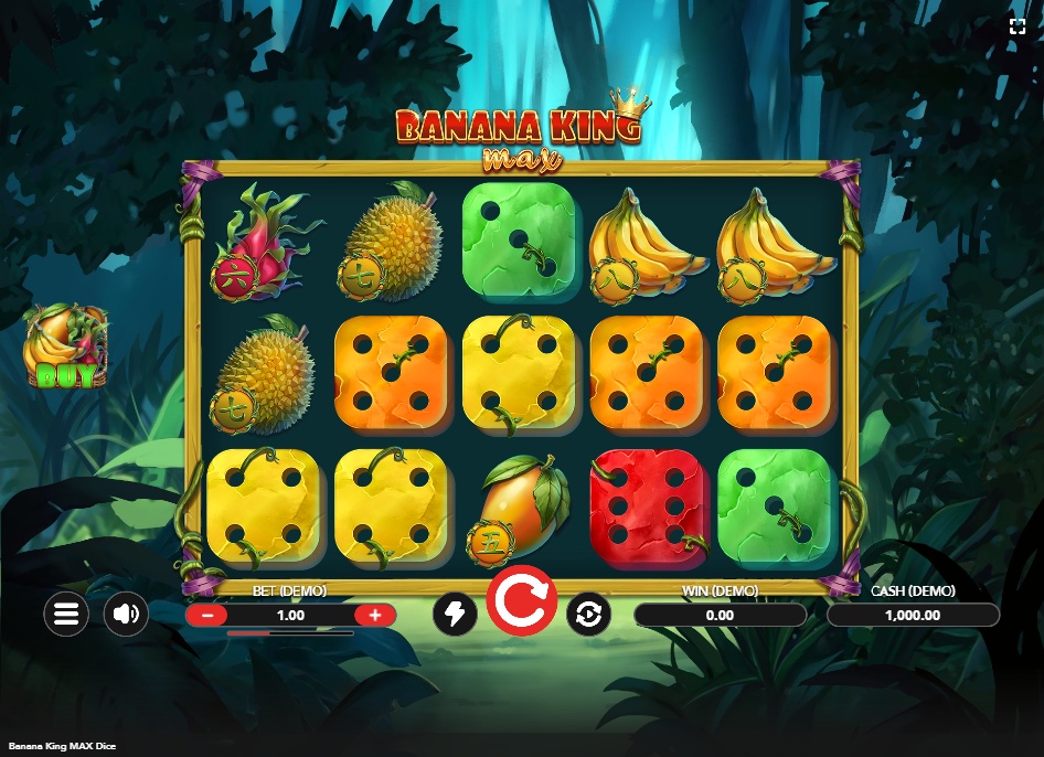 The 5x3 reel layout of the Banana King MAX Dice slot, showcasing the jungle theme and symbol design.