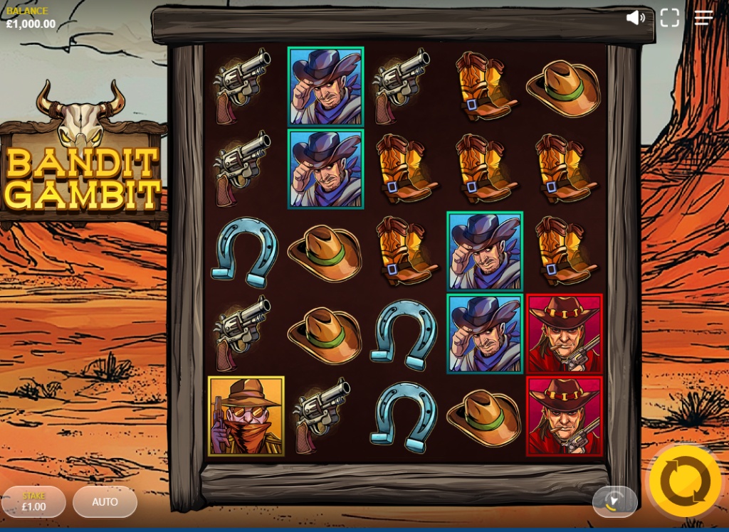 The base game grid of the Bandit Gambit slot, showing the 5x4 layout and Wild West symbols.