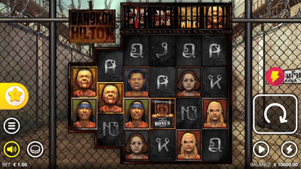 The main 3-5-5-5-5-3 reel grid of the Bangkok Hilton slot, showing the prison yard theme and inmate symbols.