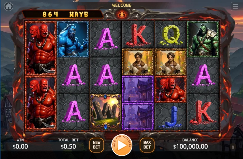 The base game grid of the Barbarian Giants slot, showing the 5-reel layout with various giant and royal symbols.