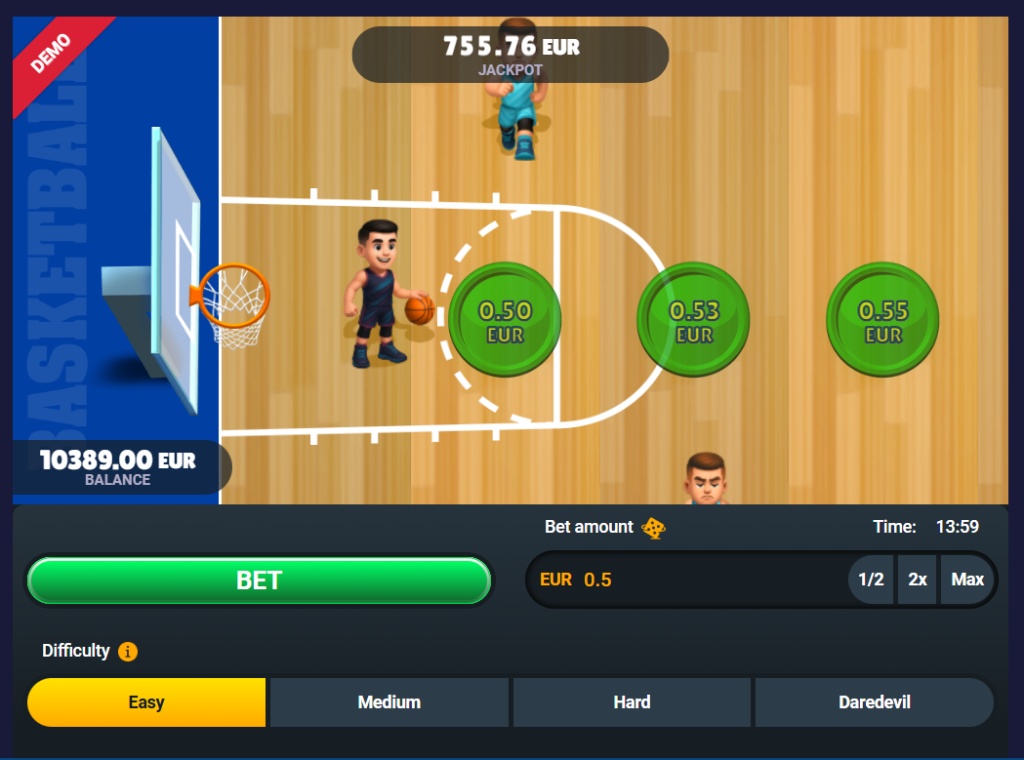 The main game screen of Basketball Rush, showing the basketball court, the player character, and the bet selection interface.