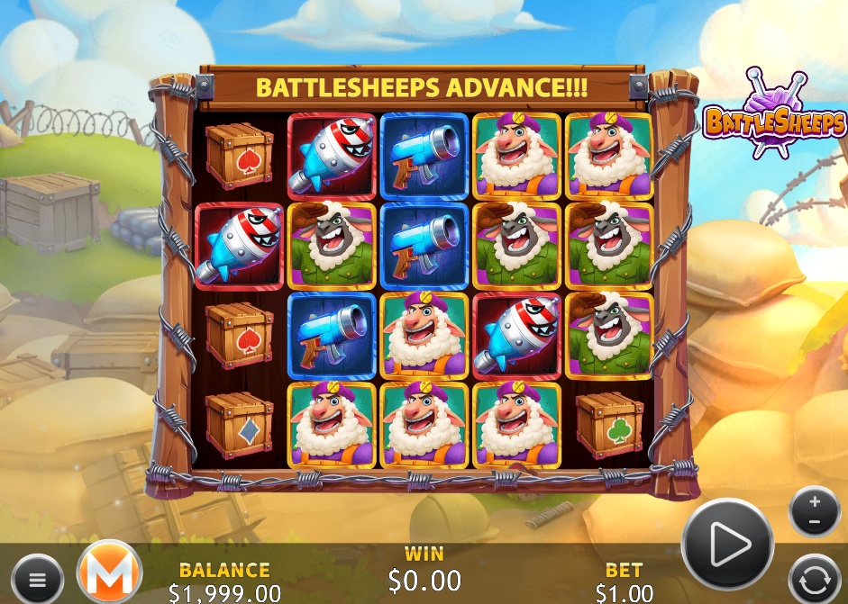 The 5x4 game grid of the BattleSheeps slot, showcasing the cartoon military theme with sheep characters on the reels.