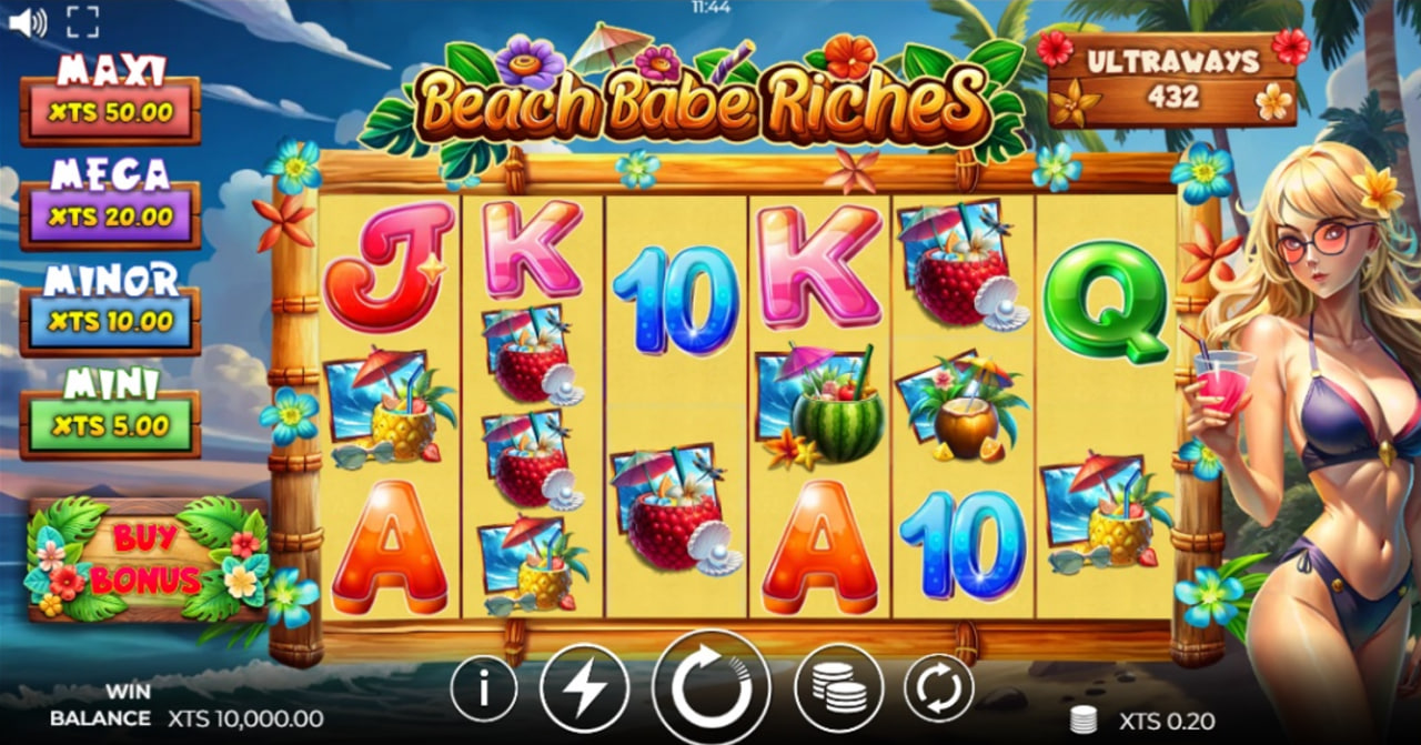 A view of the Beach Babe Riches slot base game grid, showing the UltraWays layout and anime-style character.