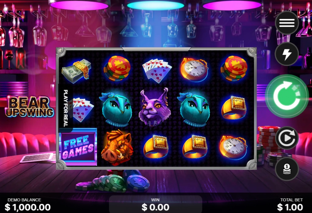 The base game screen of the Bear Upswing slot, showing the 5x3 reel layout set against a speakeasy bar background.

