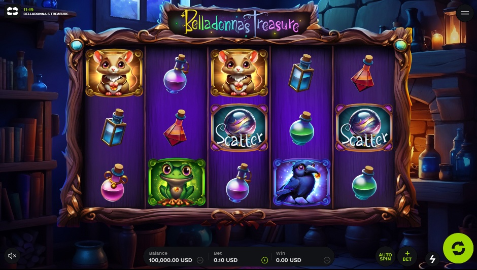 The main game screen of Belladonna's Treasure slot, showing the 5x3 reel layout set in a witch's cottage.