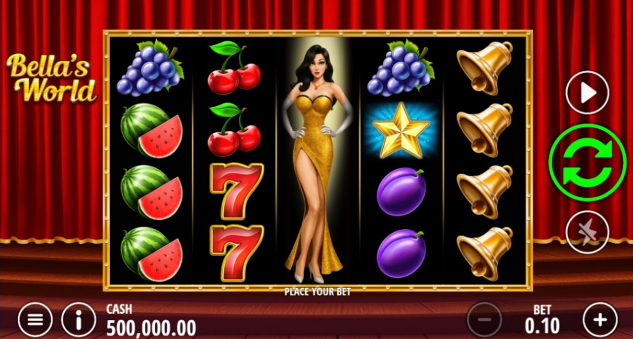The main 5x3 game grid of the Bella's World slot, showing classic fruit symbols and the game's interface.
