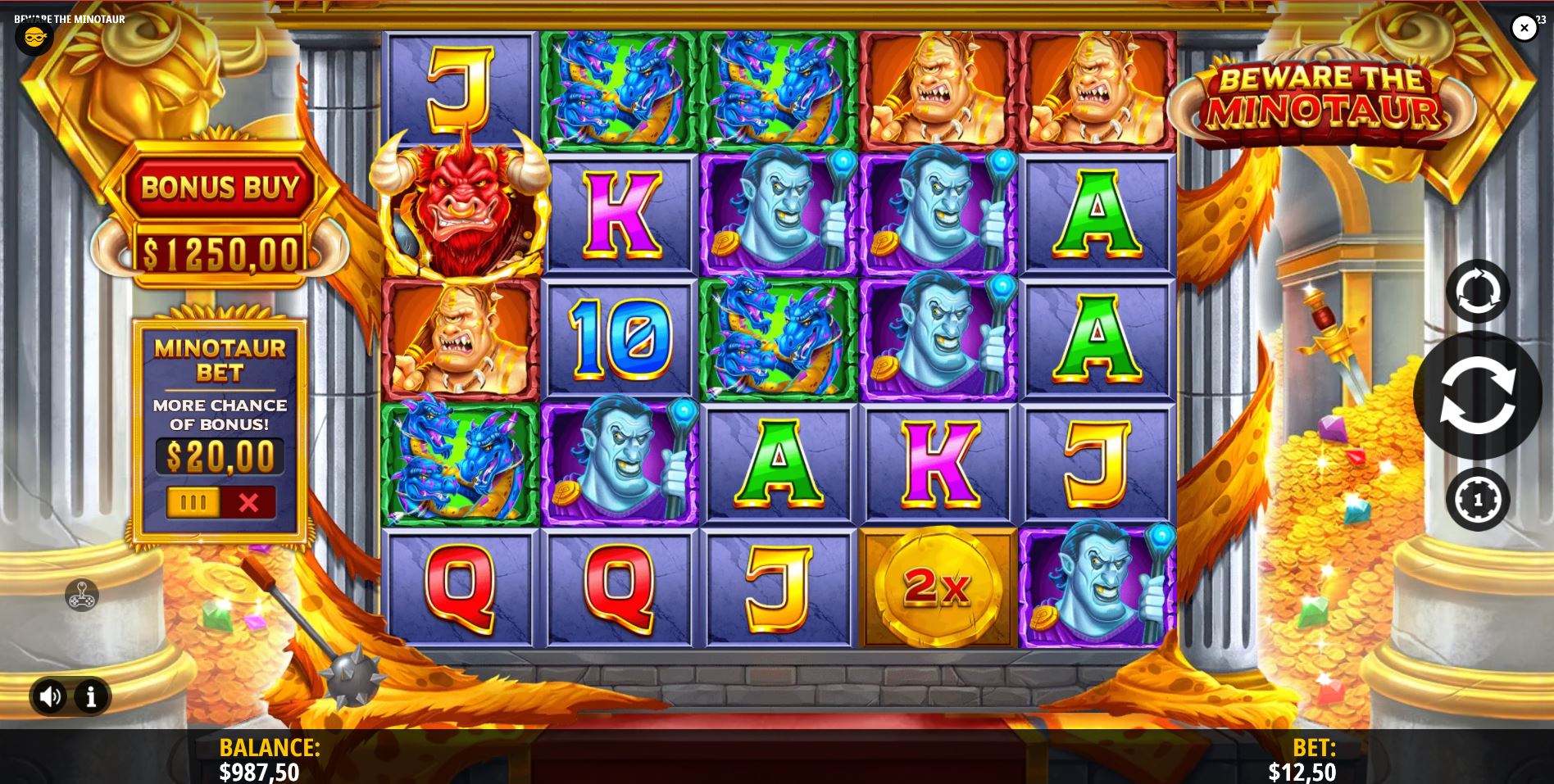 The 5x5 game grid of the Beware the Minotaur slot, displaying its unique mythological symbols and golden labyrinthine setting.