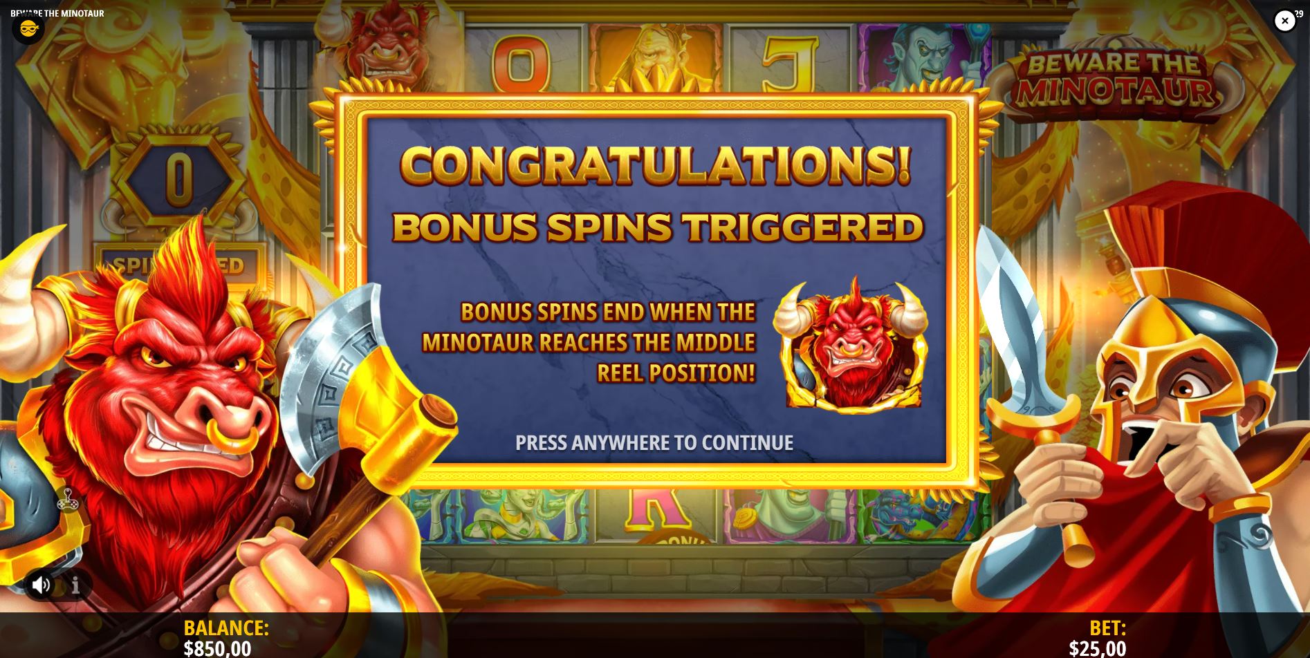 Three Soldier scatter symbols landing on the grid to trigger the main Bonus Spins round in the Beware the Minotaur slot game.