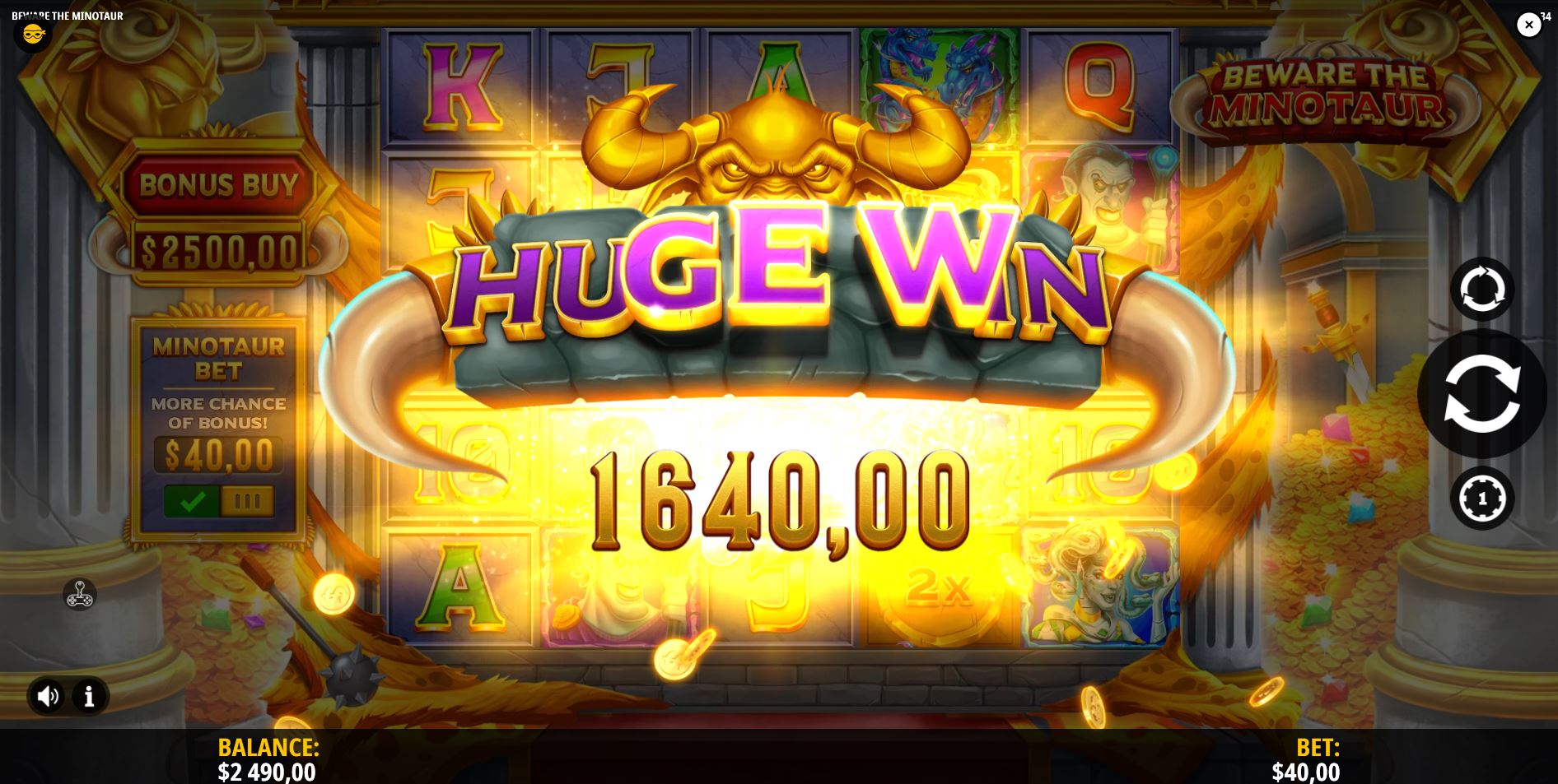 A "Huge Win" notification celebrating a substantial payout achieved during the bonus features of the Beware the Minotaur game.
