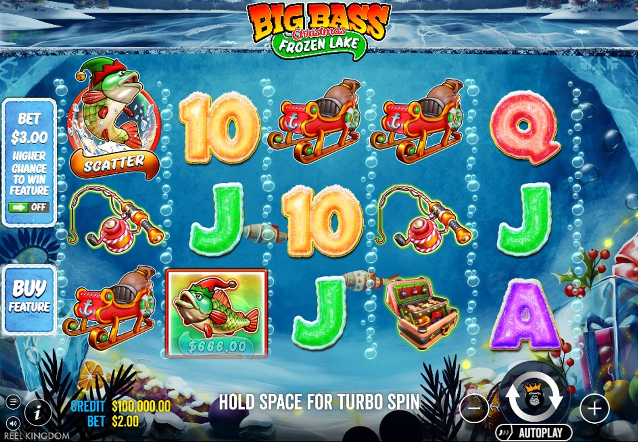 The main 5x3 game grid of Big Bass Christmas - Frozen Lake, showing the icy underwater theme and festive symbols.