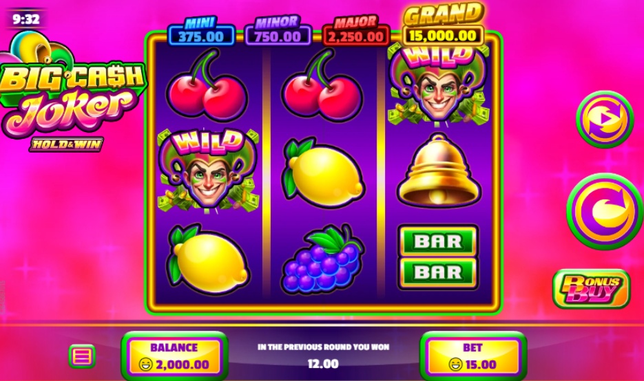 The main 3x3 game grid of the Big Cash Joker slot, showing the classic fruit symbols and vibrant design.