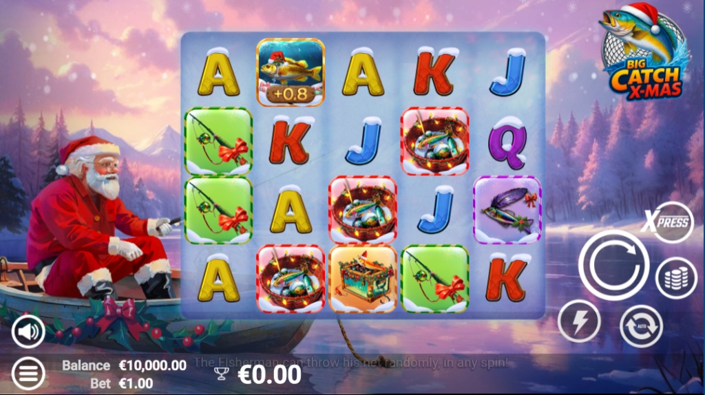 Big Catch X-MAS slot base game view showing the 5x3 reel layout, Santa fisherman, and snowy background.