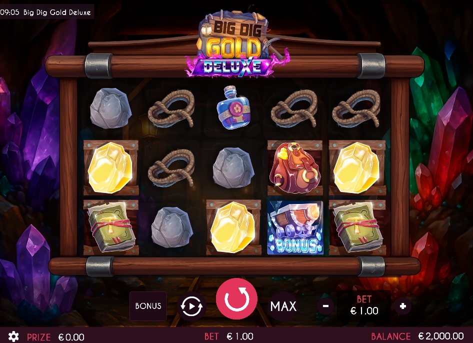 The main 5x3 game grid of the Big Dig Gold Deluxe slot, showing the mining-themed symbols and game interface.