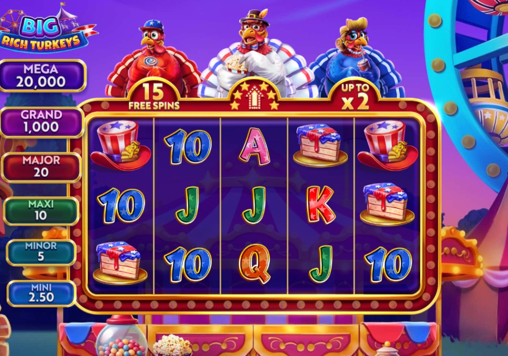 Big Rich Turkeys slot demo base game view showing the 5x4 reels and jackpot trackers.