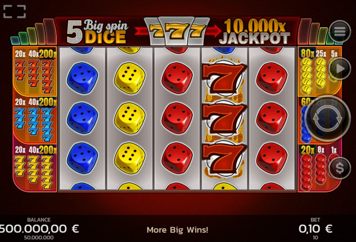 Main game screen of the Big Spin Dice slot, showing the 5x3 reel layout and classic dice symbols.