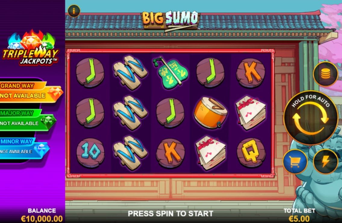 The 5x4 base game grid of the Big Sumo slot, showing high-paying cultural symbols and the main Sumo character.