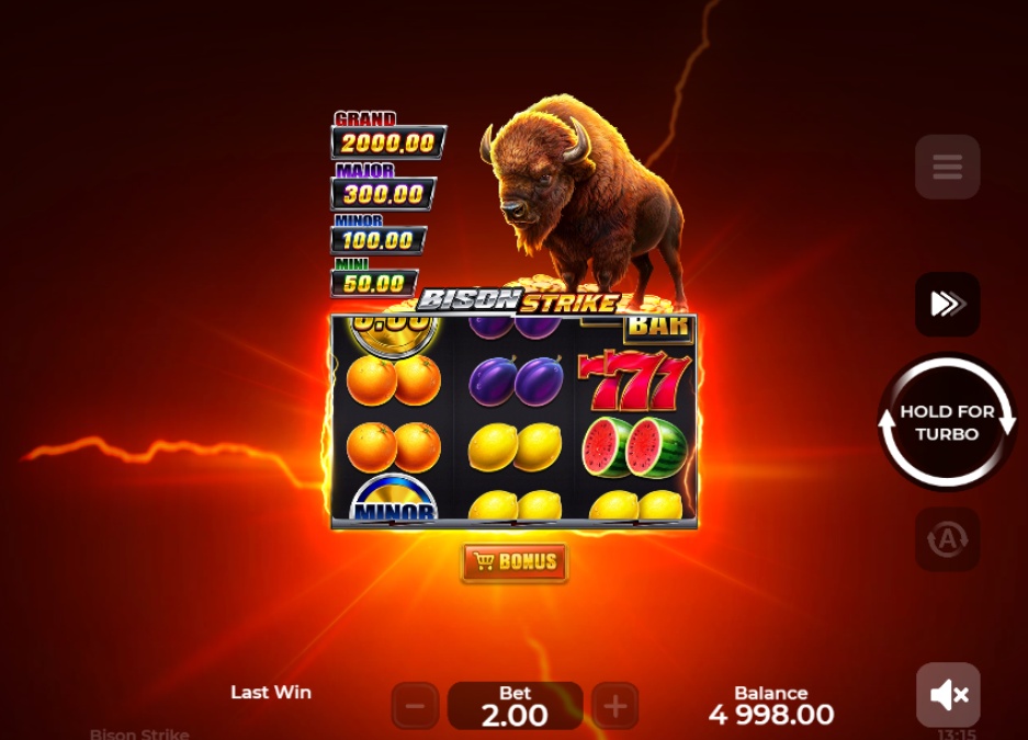 The main 3x3 reel layout of the Bison Strike slot demo, showing fruit and classic symbols against an electric backdrop.