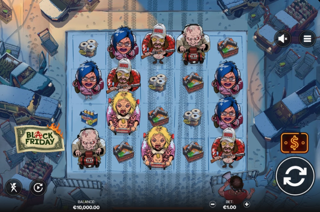 The 5x4 game grid of the Black Friday slot, showcasing the chaotic parking lot theme and various shopper symbols.