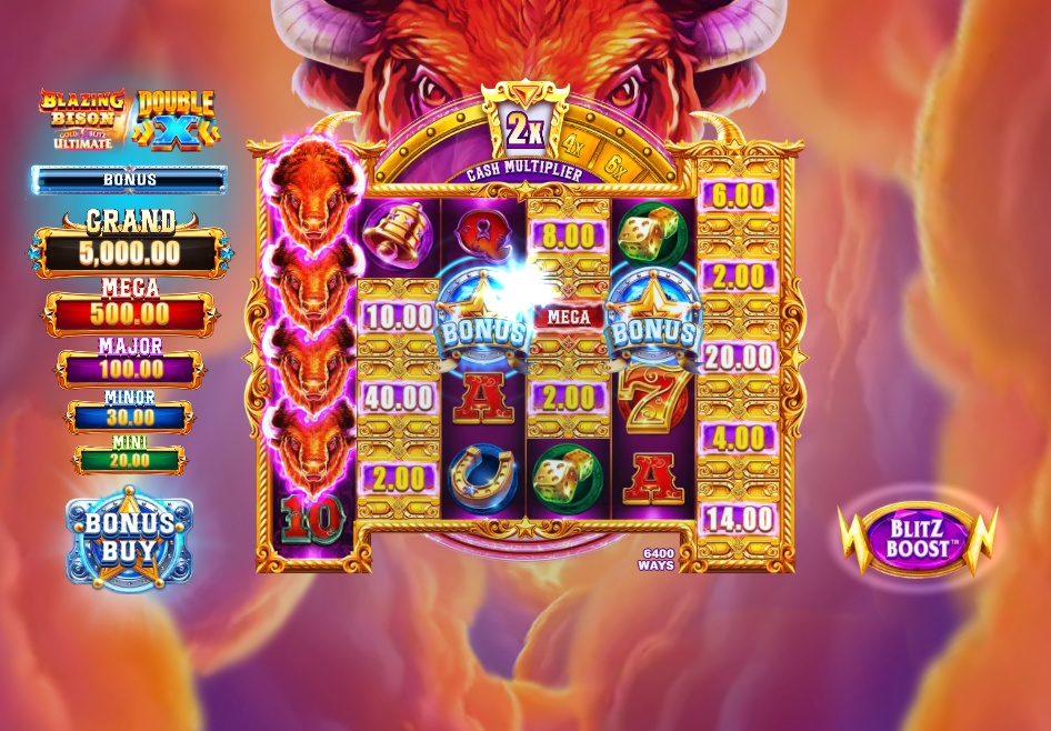 The base game grid of Blazing Bison Gold Blitz Ultimate Double X, showing the 6x4 layout and wildlife symbols.