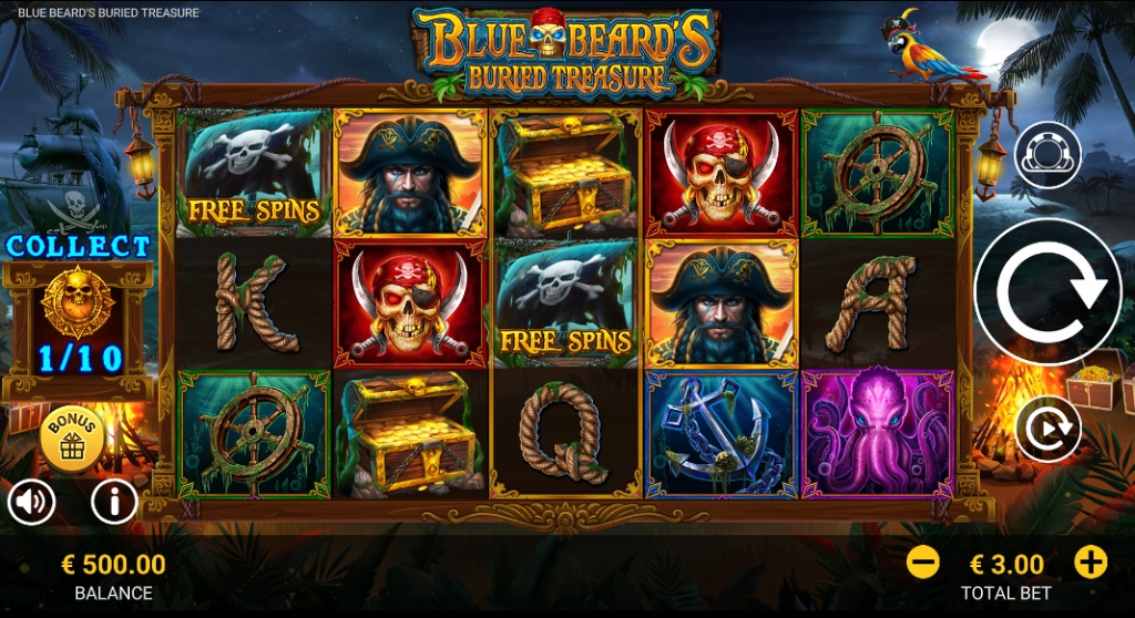The main 5x3 game grid of Blue Beard's Buried Treasure slot, showing the pirate-themed symbols and the skull collection meter.