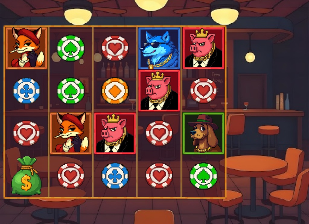 The 5x4 reel layout of the Bluff and Bite slot, showcasing the pixelated animal characters and poker chip symbols in a speakeasy setting.