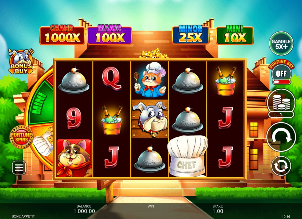 The 5x3 reel layout of the Bone Appetit slot by Inspired Gaming, showing the main game screen with pet chef symbols.