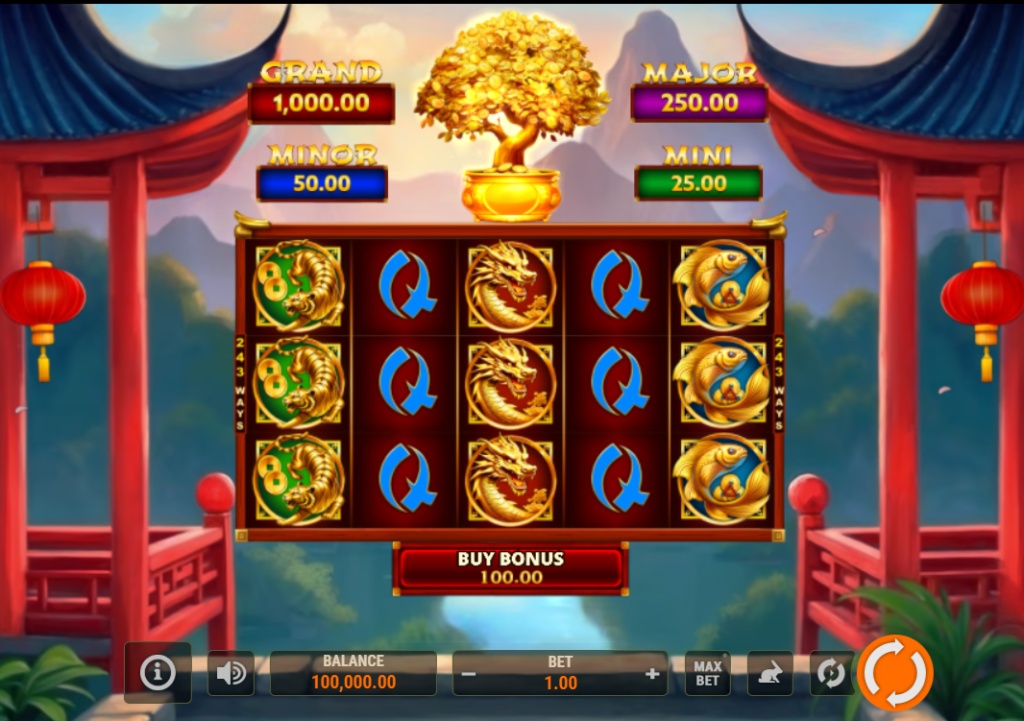 The base game screen of Bonsai Gold Hold & Win, showing the 5x3 reel layout with Asian-themed symbols and the four jackpots displayed above.