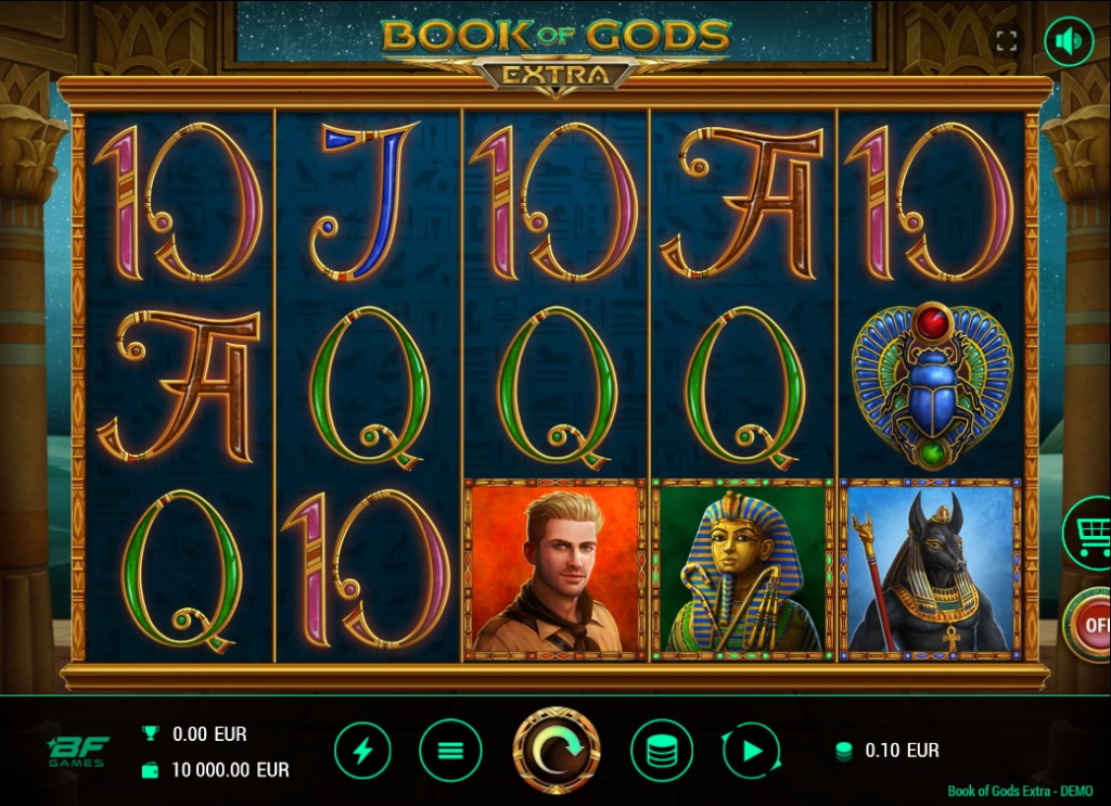 The 5x3 reel layout of the Book of Gods Extra slot by BF Games, showcasing the main Egyptian-themed symbols.