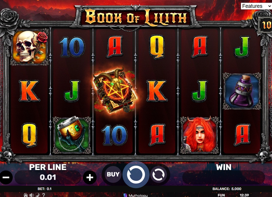The main 5x3 reel grid of the Book of Lilith slot, showcasing the occult-themed symbols and dark background.