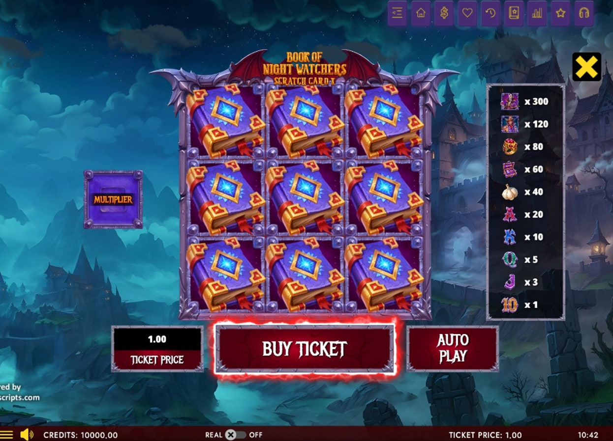 The main game screen of Book of Night Watchers Scratch Card, showing the 3x3 grid and ticket price options before the start of a round.