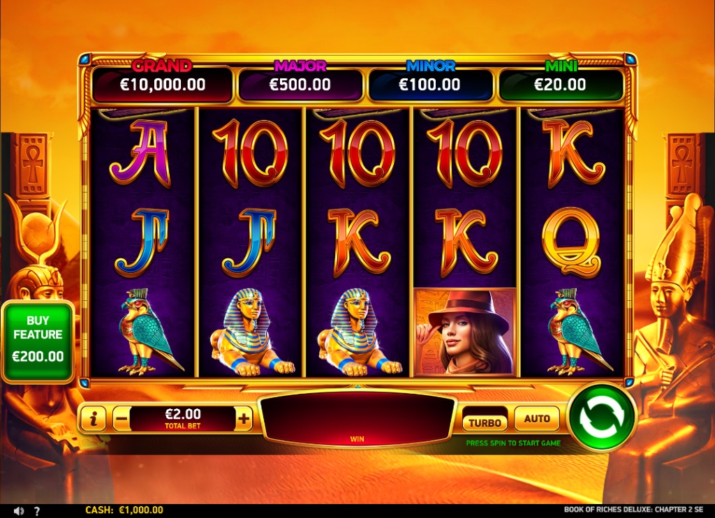 Book of Riches Deluxe Chapter 2 SE slot base game screen with the 5x3 reel layout and Egyptian symbols.