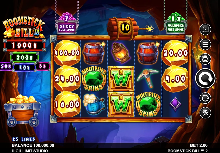 The main game screen of the Boomstick Bill 2 slot, showcasing the 5x4 grid set in a gem-filled mine with the Lucky Levels meter visible.