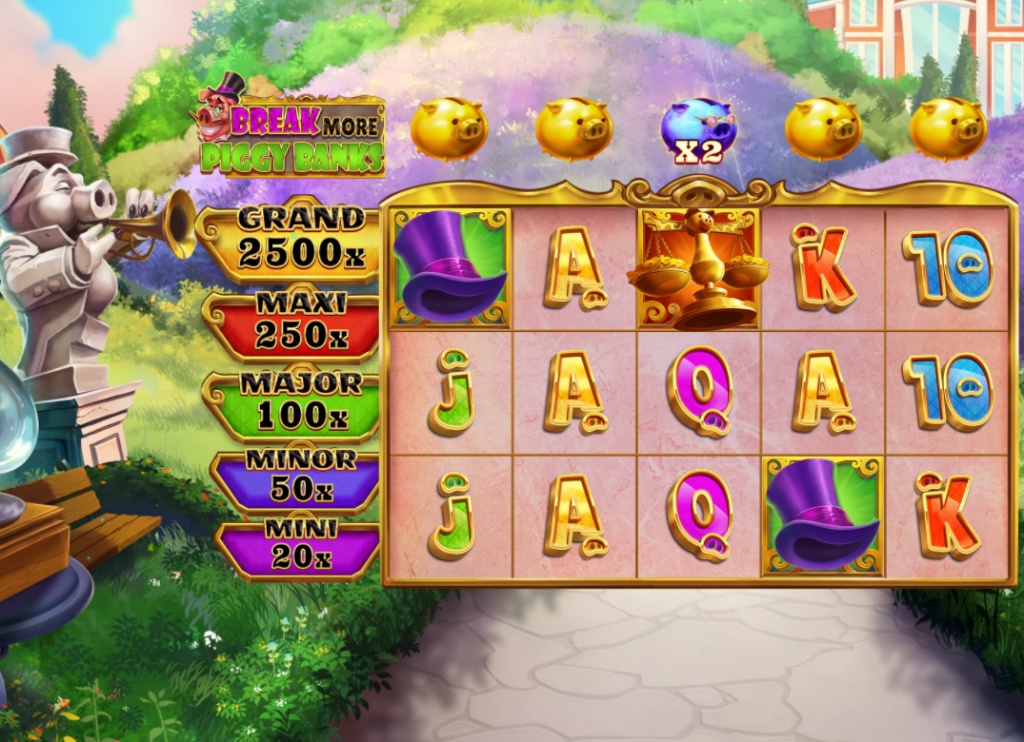 The 5x3 main game grid of the Break More Piggy Banks slot, showing the Piggy Banks with multipliers above the reels.