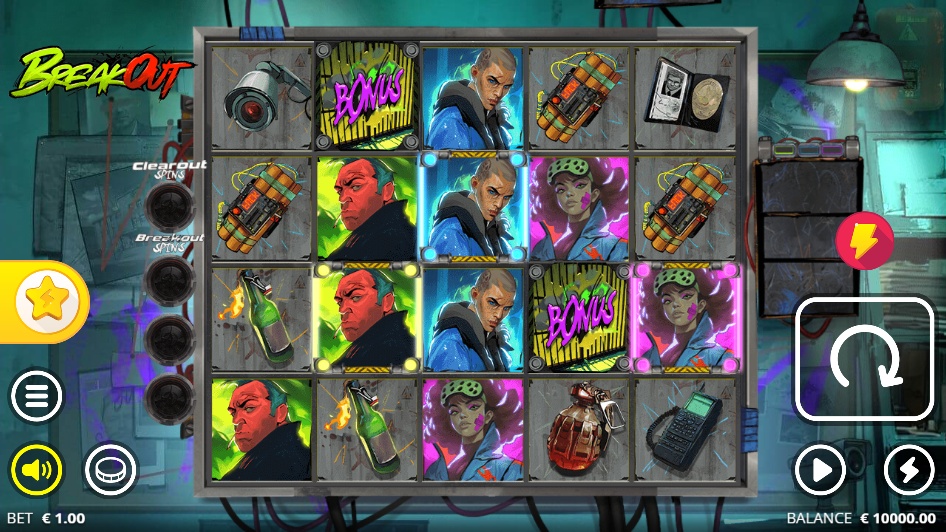 The 5x4 grid of the Breakout slot by Nolimit City showing the main characters and symbols.