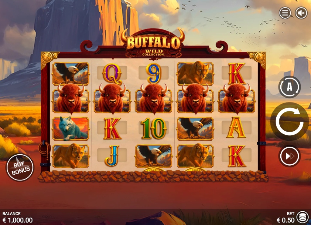 The base game reel layout of the Buffalo Wild Collection slot, showing the 5x4 grid and animal symbols.