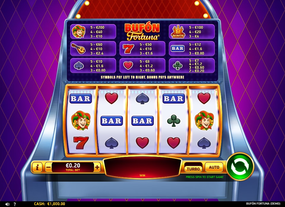 The main 5x3 game screen of the Bufon Fortuna slot, showing the classic symbols and vibrant design by RubyPlay.