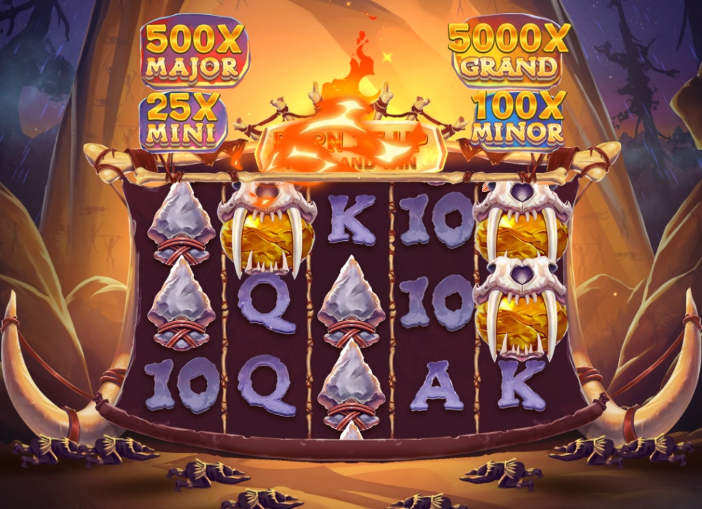 The base game grid of Burn It Up: Hold & Win, showing the 5x3 reel layout and prehistoric symbols against a cave backdrop.