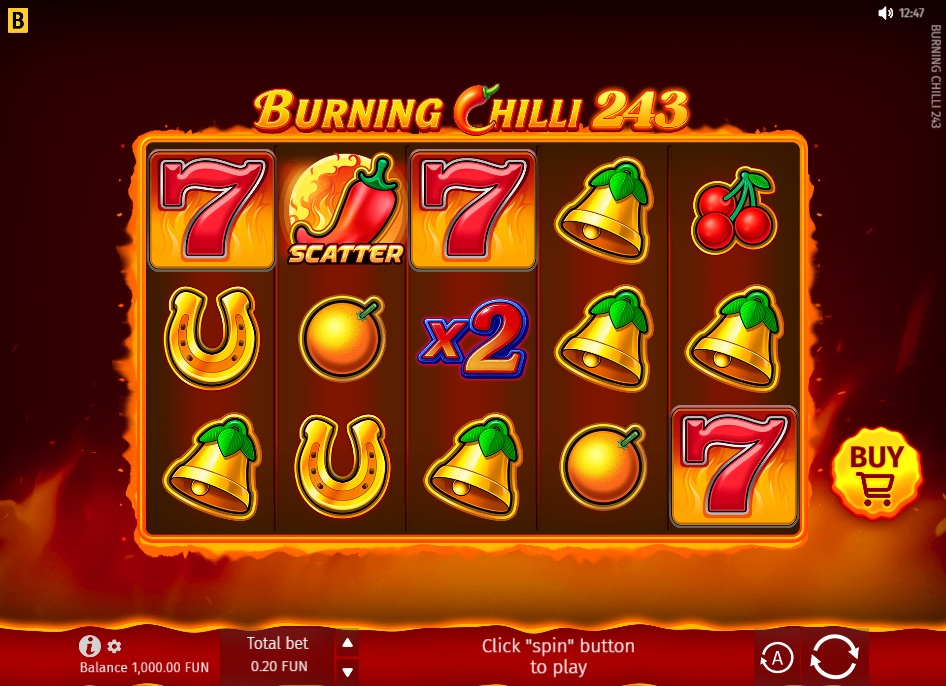 The 5x3 reel layout of the Burning Chilli 243 slot, displaying a mix of classic fruit and high-value symbols during standard gameplay.