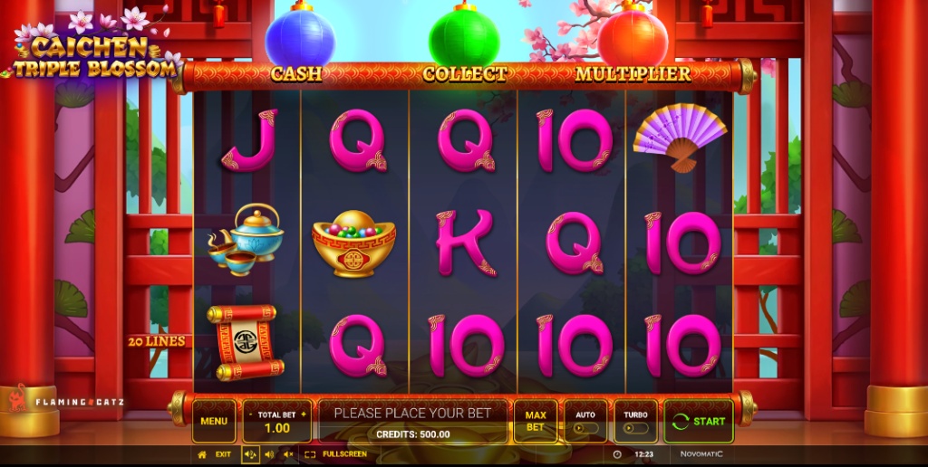 The 5x3 reel layout of the Caichen Triple Blossom slot demo, showing the Asian-themed symbols and the 20 paylines.